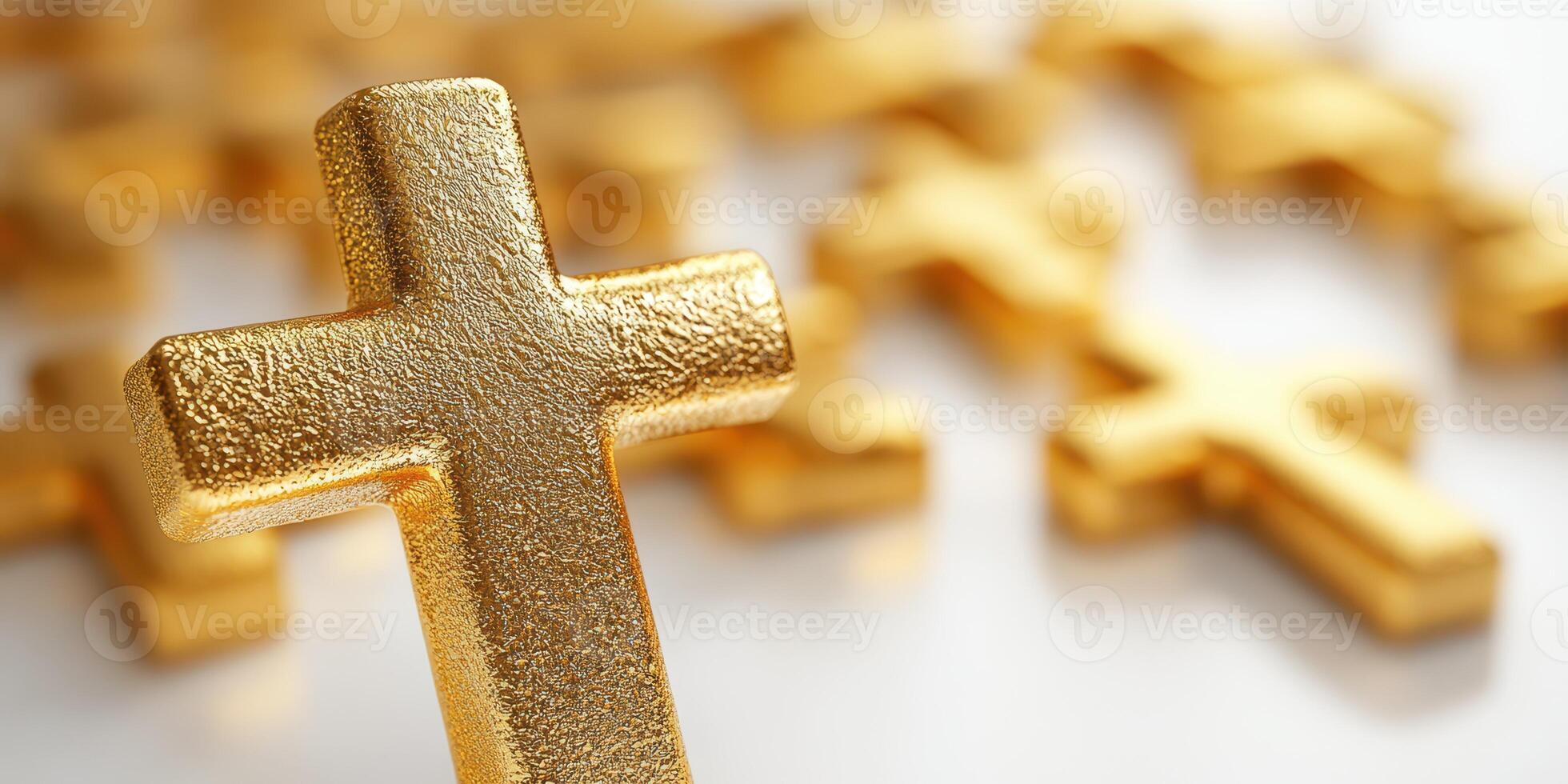 Golden crosses scattered on a reflective surface create a serene and spiritual atmosphere during a quiet moment of reflection photo