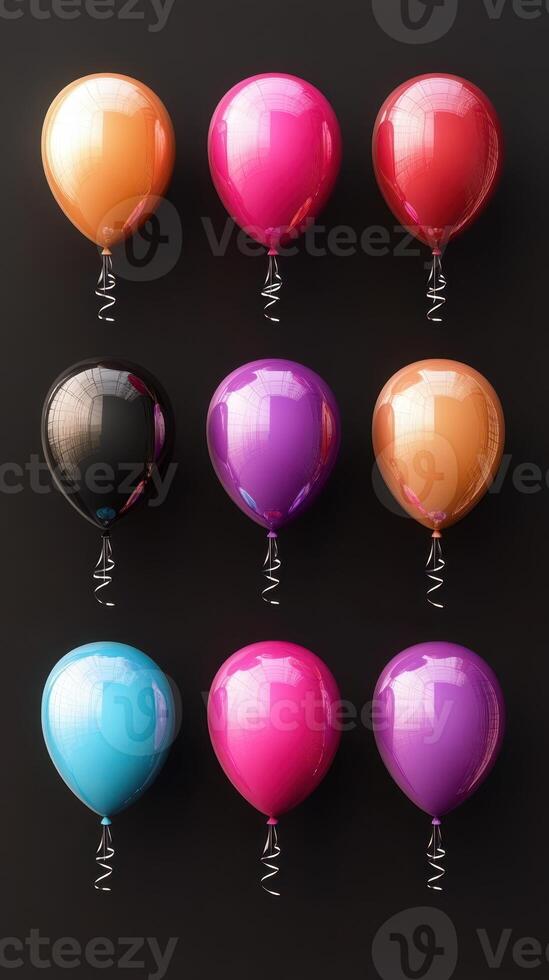 Colorful balloons arranged in a grid against a dark background, creating a festive atmosphere for celebrations and events photo
