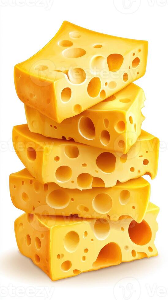Blocks of yellow cheese stacked together in a playful arrangement on a white background photo
