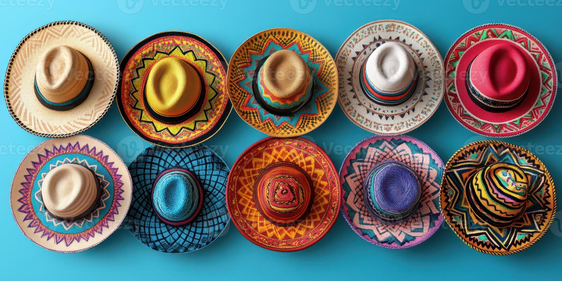 Vibrant collection of colorful straw hats arranged in a fun pattern on a bright blue background photo