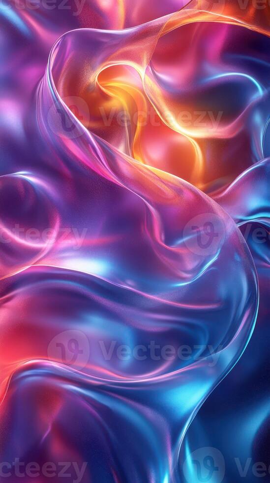Colorful abstract fabric texture flowing in vibrant hues of blue, pink, and orange creating a wave-like pattern photo