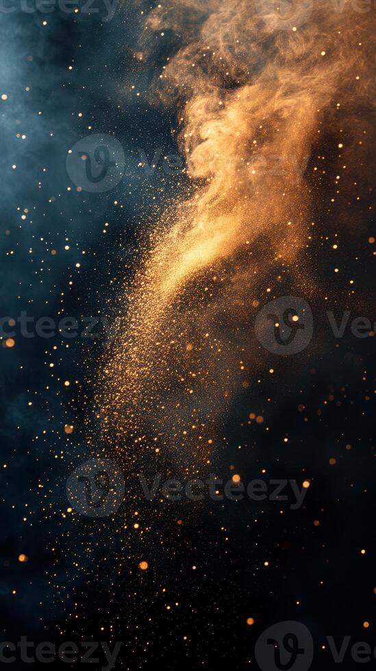 Dramatic display of golden dust swirling through a dark, smoky atmosphere during an artistic performance at nighttime photo