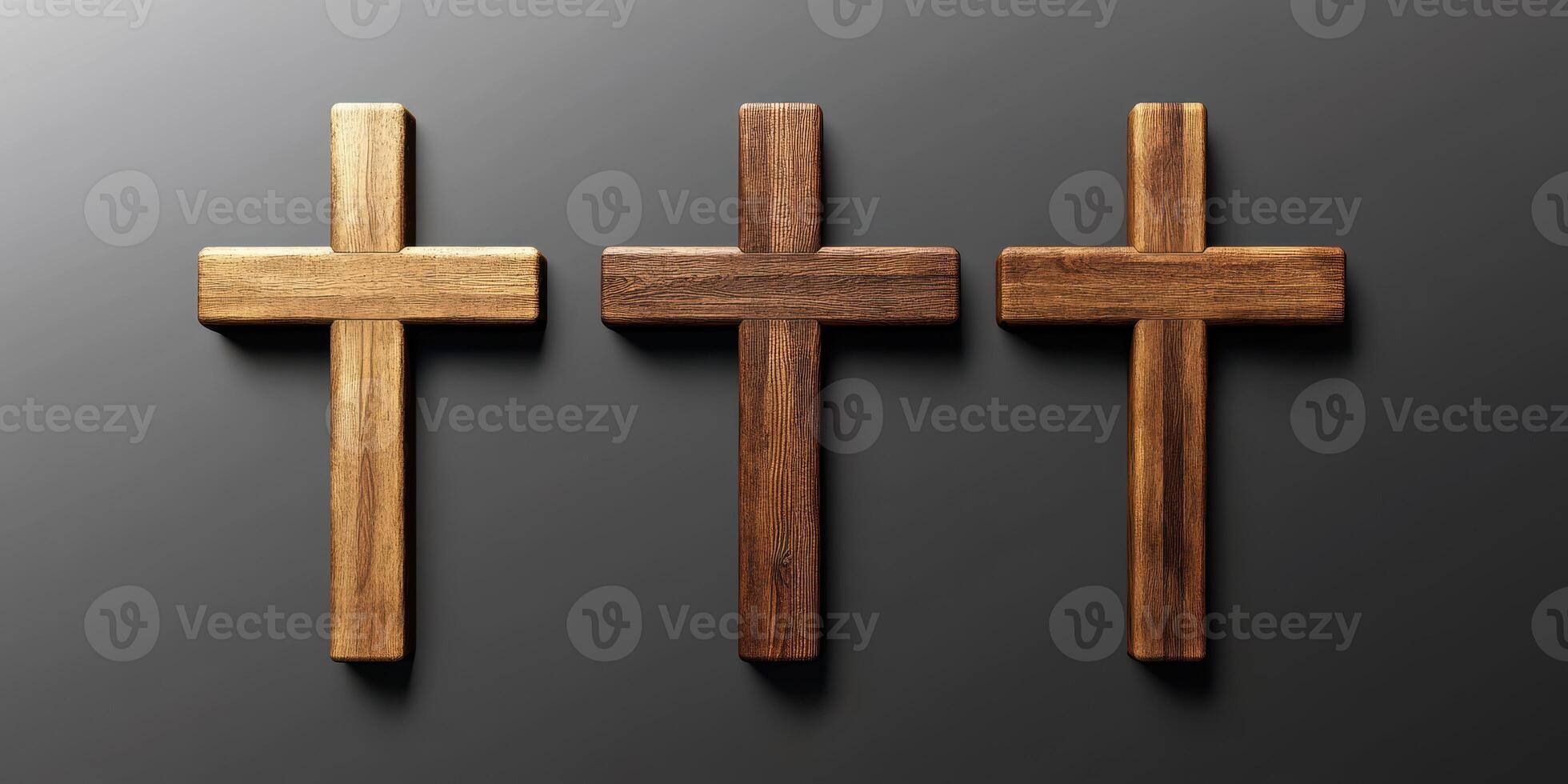 Three wooden crosses arranged on a dark surface with soft lighting highlighting their unique textures and features photo