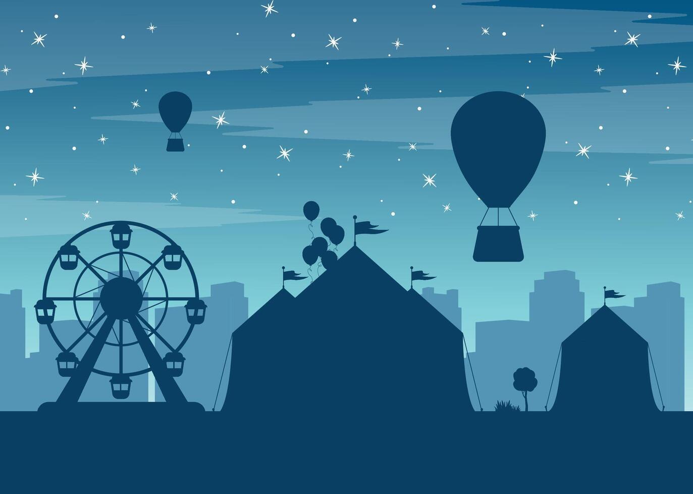 Landscape of night amusement park with buildings and sky in the background. Leisure, entertainment. vector