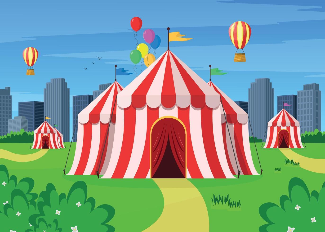Retro circus tents in a city park with buildings in the background. Summer landscape. vector
