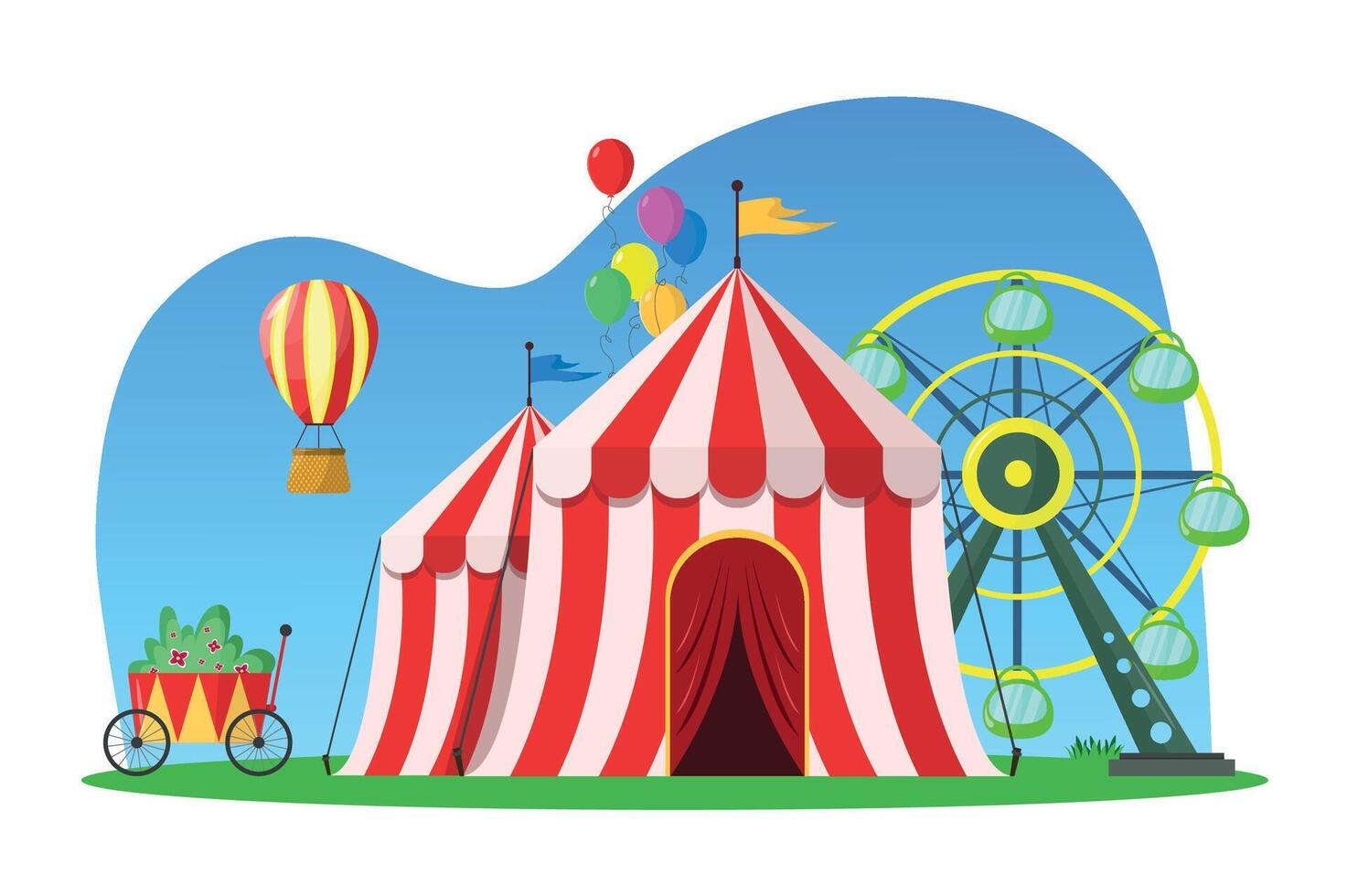 Amusement park with retro circus, ferris wheel and more. Summer background. Leisure, entertainment. vector