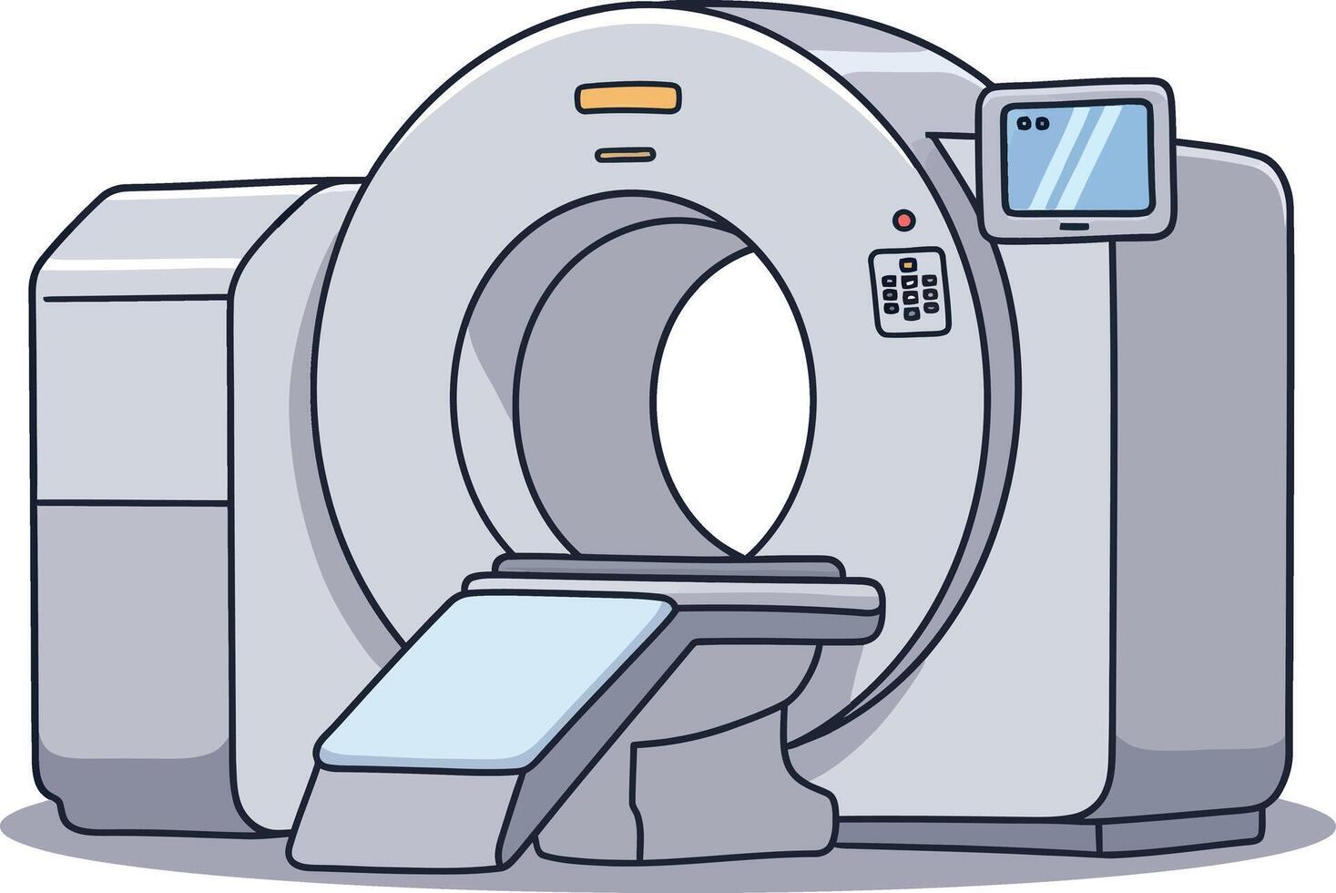 Detailed illustration of a medical CT scanner in a clean clinical environment featuring a flat design style art vector