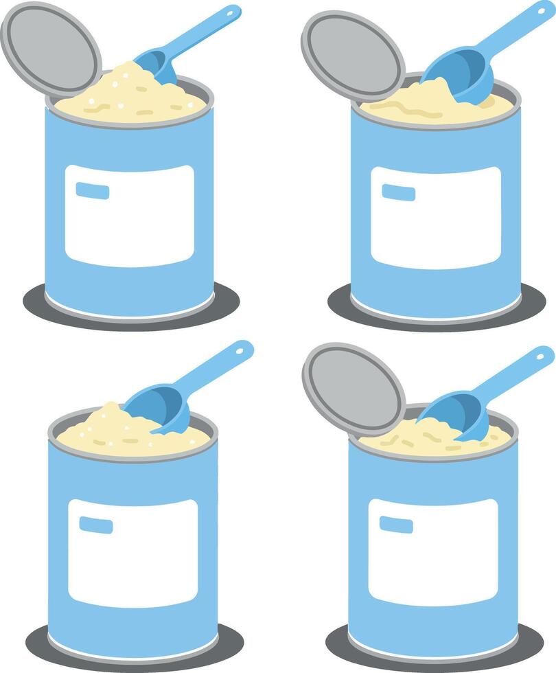 Four blue containers with open lids and scoops, showcasing creamy contents in a flat design illustration vector