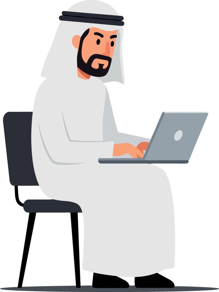A man in traditional attire focused on his laptop while sitting on a black chair in a minimalistic setting, showcasing a calm and productive atmosphere in art vector