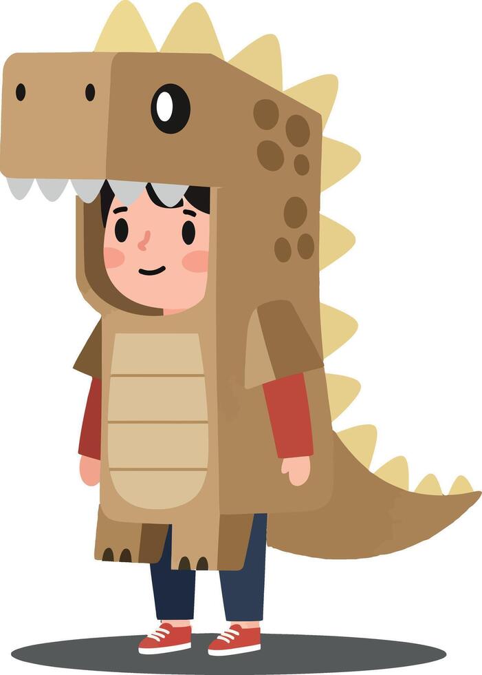 A cheerful child wearing a playful dinosaur costume in a flat design style, exuding fun and imagination in this vibrant illustration vector