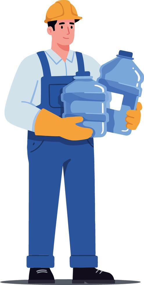 A construction worker in a hard hat and gloves lifting two blue water bottles in a flat illustration vector