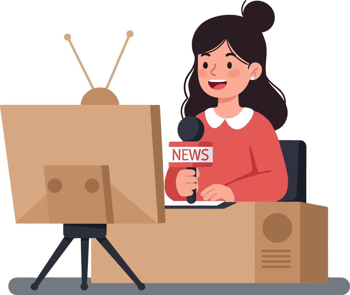 A cheerful news anchor sitting at a desk with a microphone and television in a flat illustration style, conveying a professional yet friendly atmosphere in art vector