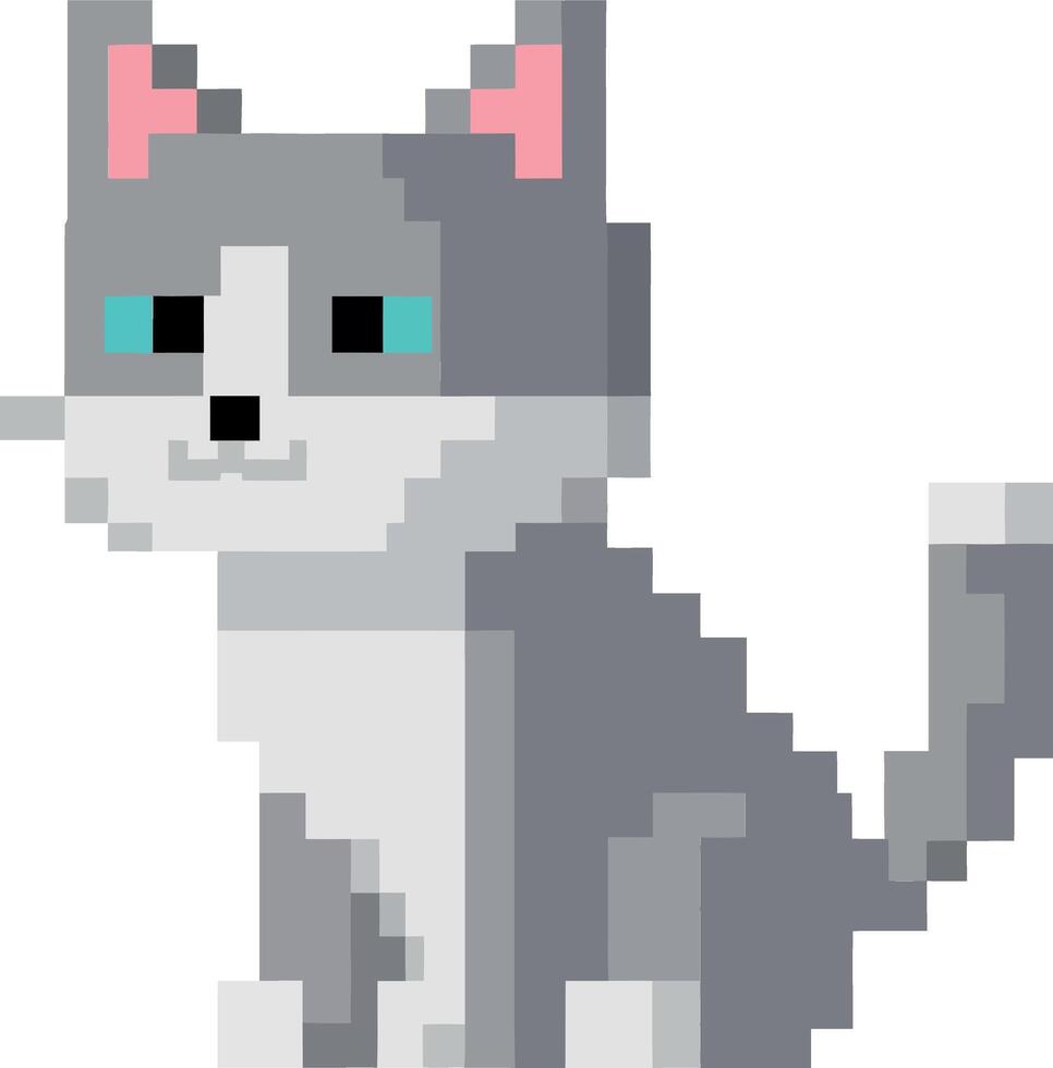 A playful grey and white cat with bright blue eyes in pixel art style showcasing cuteness and charm in vibrant illustration vector