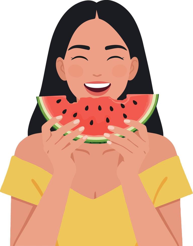 A joyful woman smiling while holding a slice of watermelon, showcasing a flat design style in vibrant colors, illustration vector