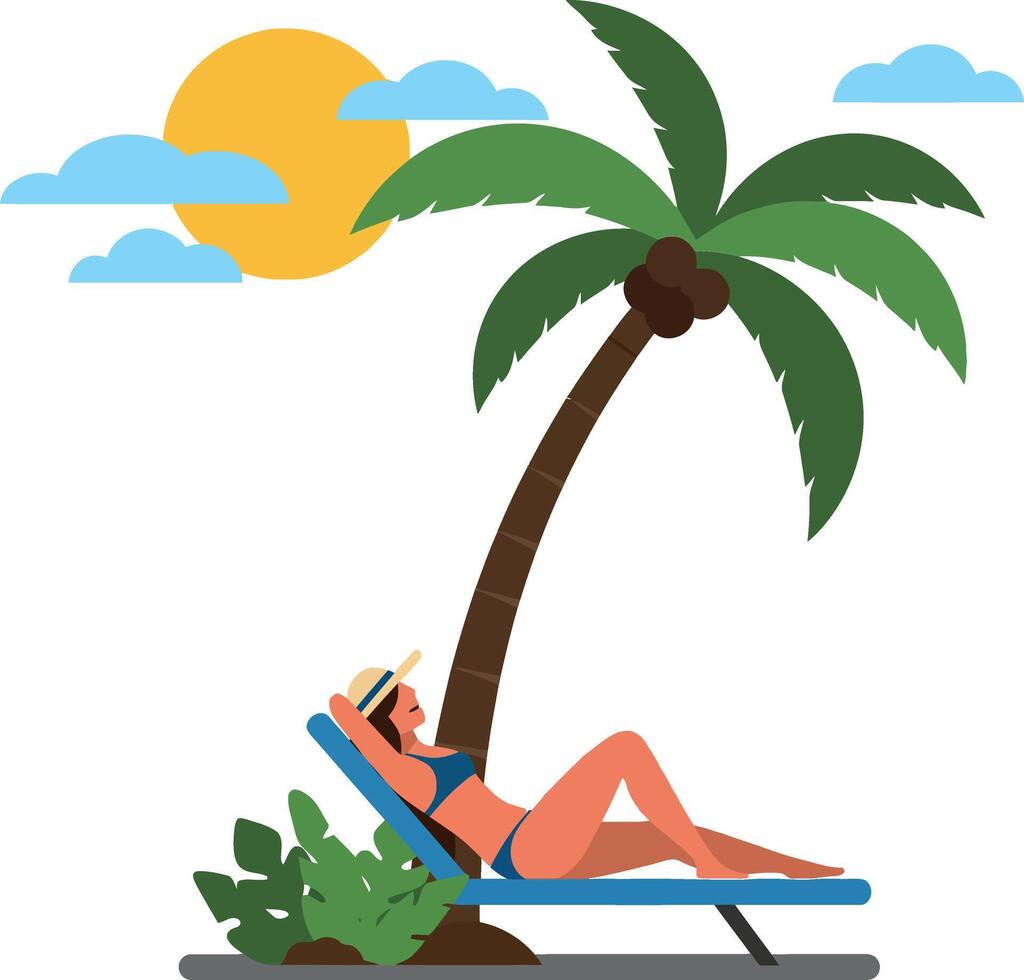 A woman lounging on a blue sunbed under a green palm tree in a bright tropical setting with a warm sun and fluffy clouds, illustration vector