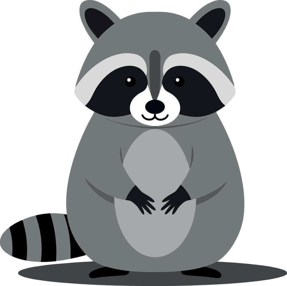 A cute raccoon character with a rounded body and playful expression in flat design art vector