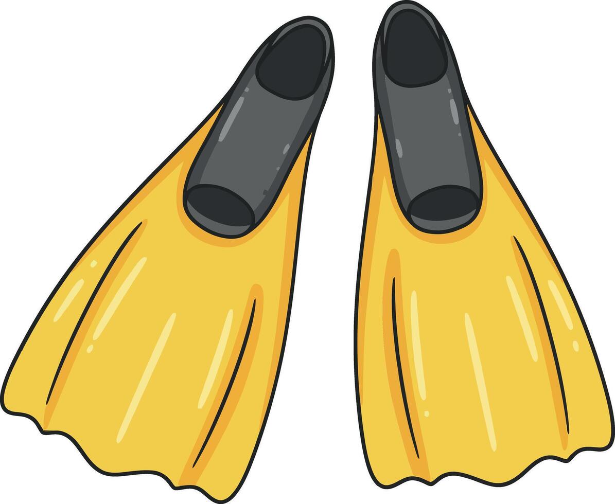 Bright yellow snorkeling fins with black tips displayed in a flat design style, perfect for aquatic adventures, illustration vector