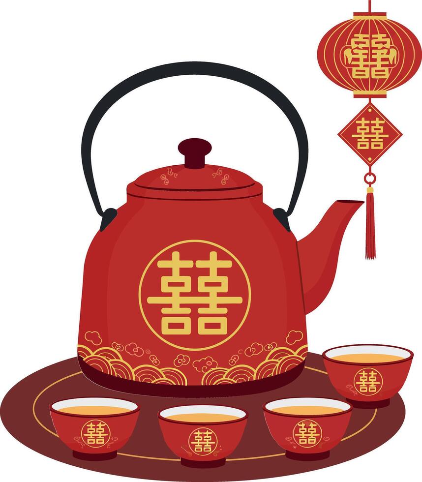 Traditional red teapot adorned with golden symbols, surrounded by matching tea cups and festive decorations in a flat illustration vector