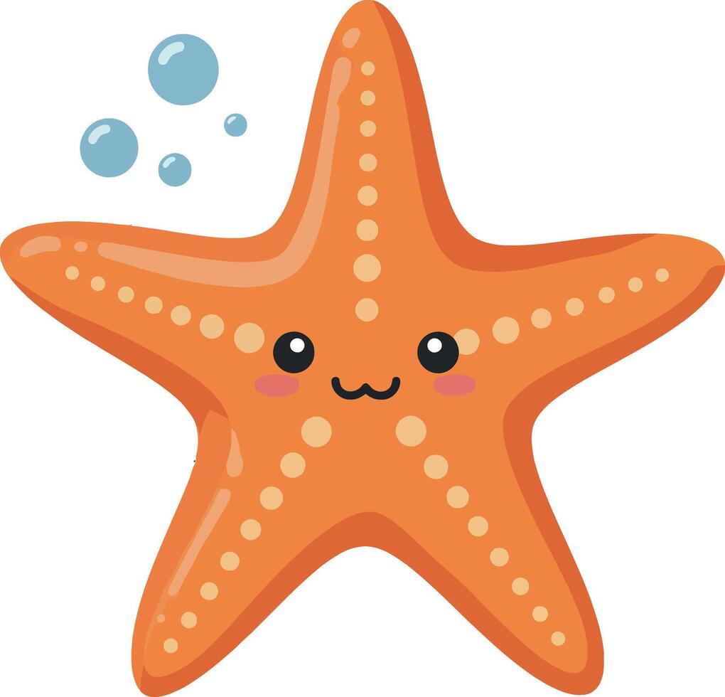 Cute orange starfish with smiling face and bubbles in a playful, flat design style, vibrant colors, cheerful mood, art vector