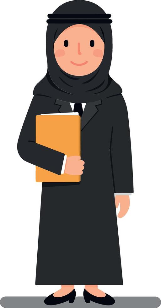 Confident woman in a black abaya holding a folder, smiling warmly in a minimal flat design illustration vector
