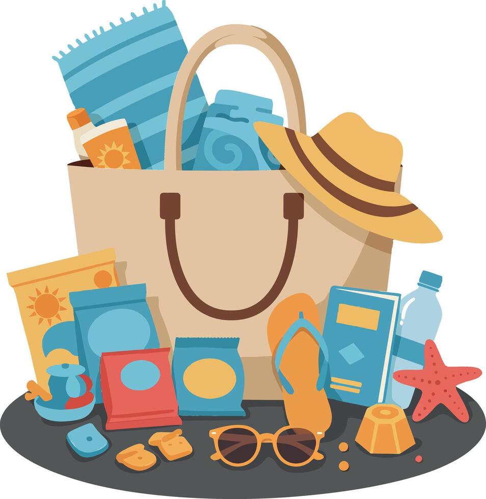 Beach essentials packed in a stylish tote bag featuring sunscreen, flip-flops, and a sun hat in a flat illustration vector