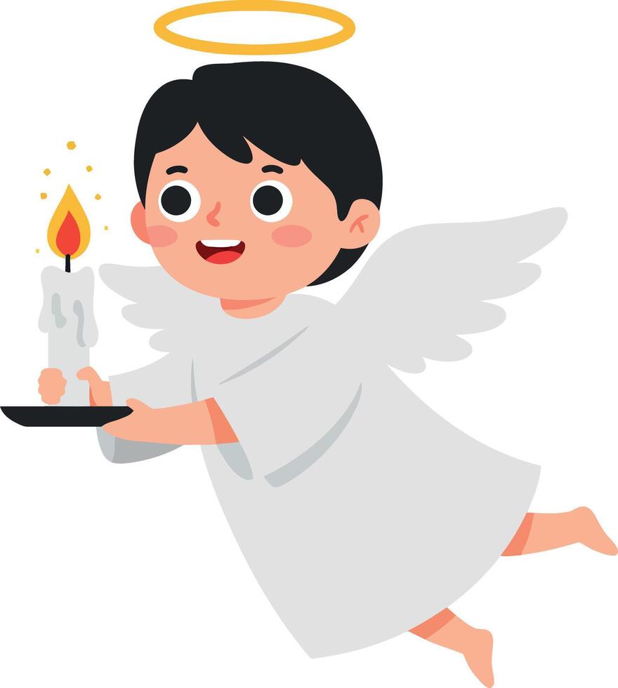 A cheerful young angel with a halo and wings gracefully holding a lit candle while flying through the air in a minimal illustration vector