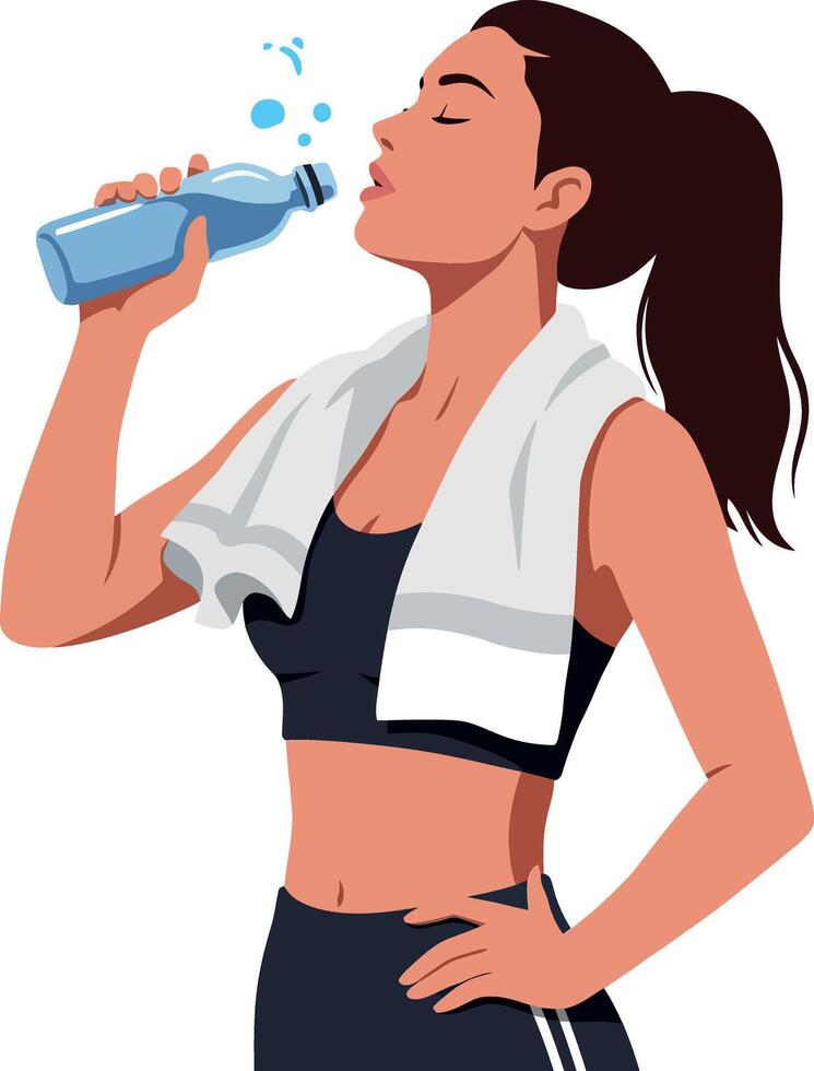 Woman exercising in a sporty outfit, taking a refreshing drink from a water bottle, featuring a flat and minimal design style, illustration vector