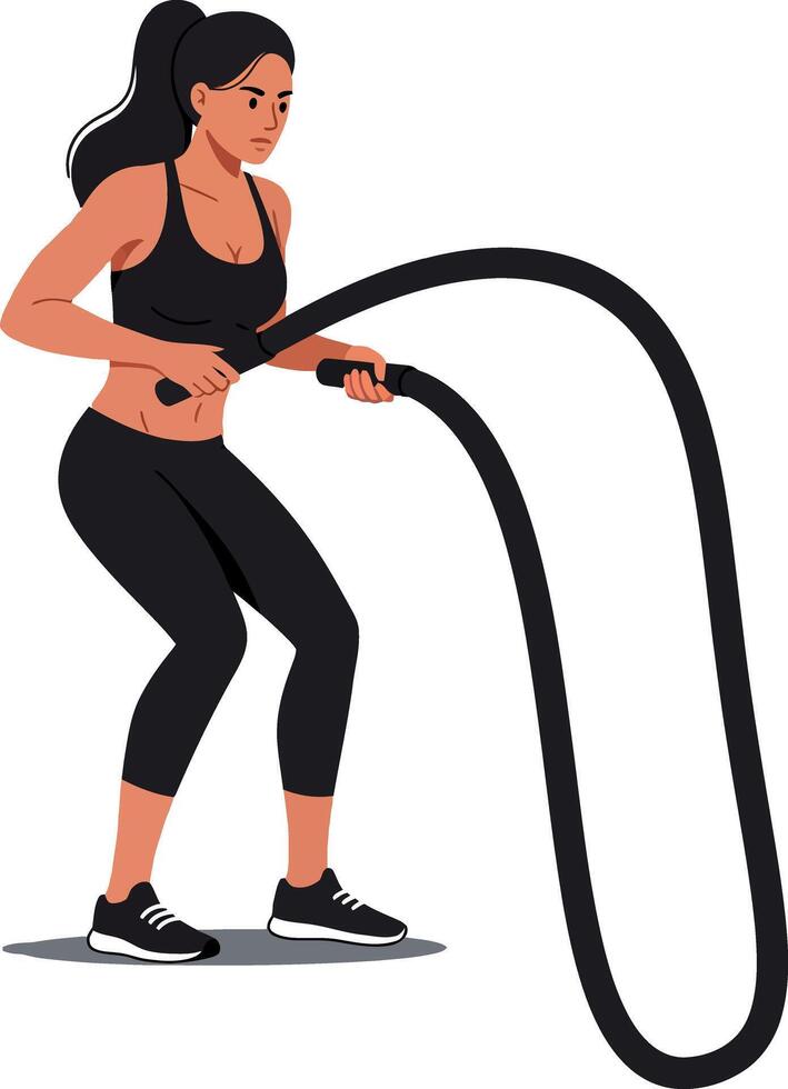 Young woman engaging in intense battle rope workout in minimalistic style, showcasing determination and strength in illustration vector