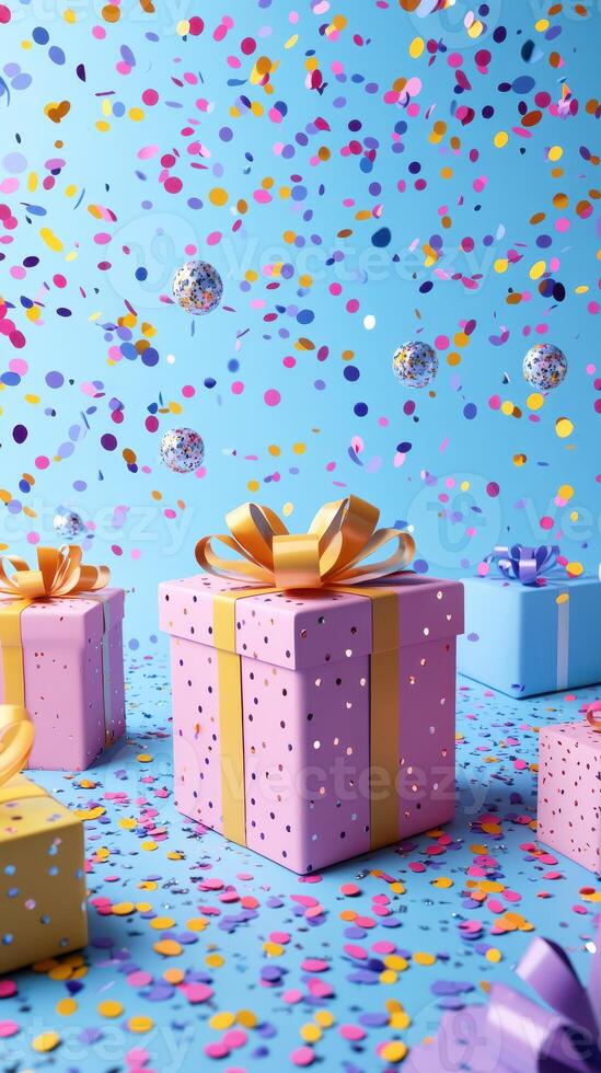 Colorful celebration with confetti and gift boxes in a vibrant setting during a festive occasion photo