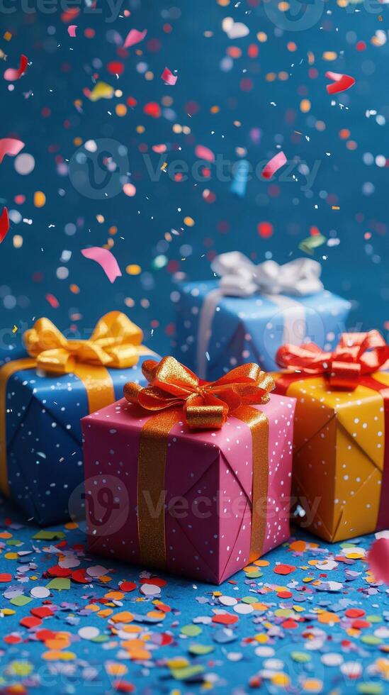 Colorful gift boxes with bows and confetti celebrate a joyful occasion in a festive atmosphere photo