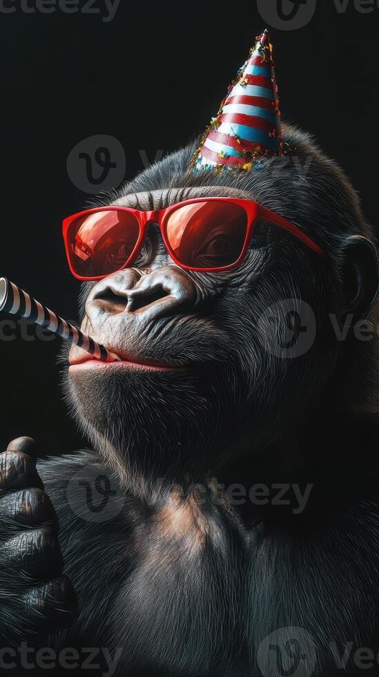 Gorilla celebrating in party hat and sunglasses with a festive straw photo