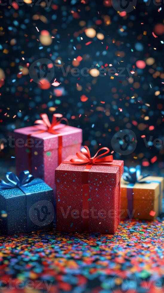 Colorful wrapped gifts surrounded by festive confetti create a joyful celebration atmosphere in a vibrant setting photo