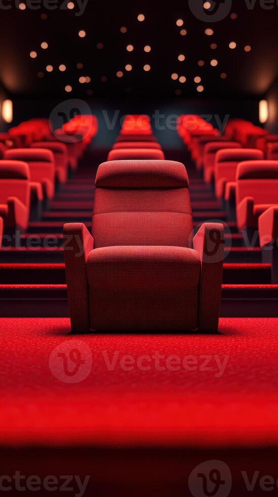 Empty red cinema seats create a striking visual in a modern theater setting with a single chair in focus photo