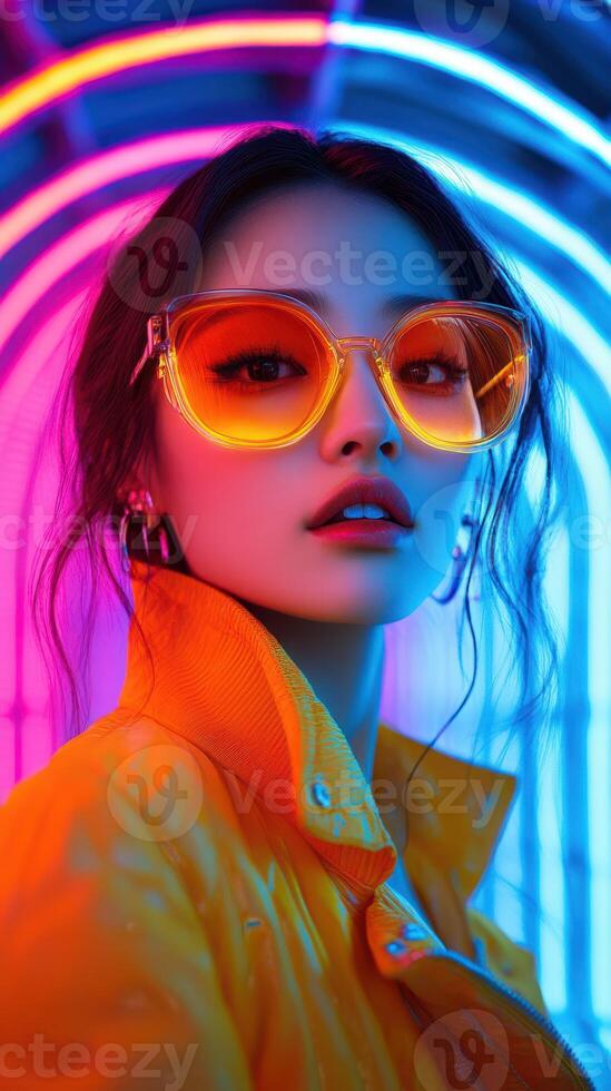 Portrait of a woman in vibrant neon lights wearing oversized yellow sunglasses photo
