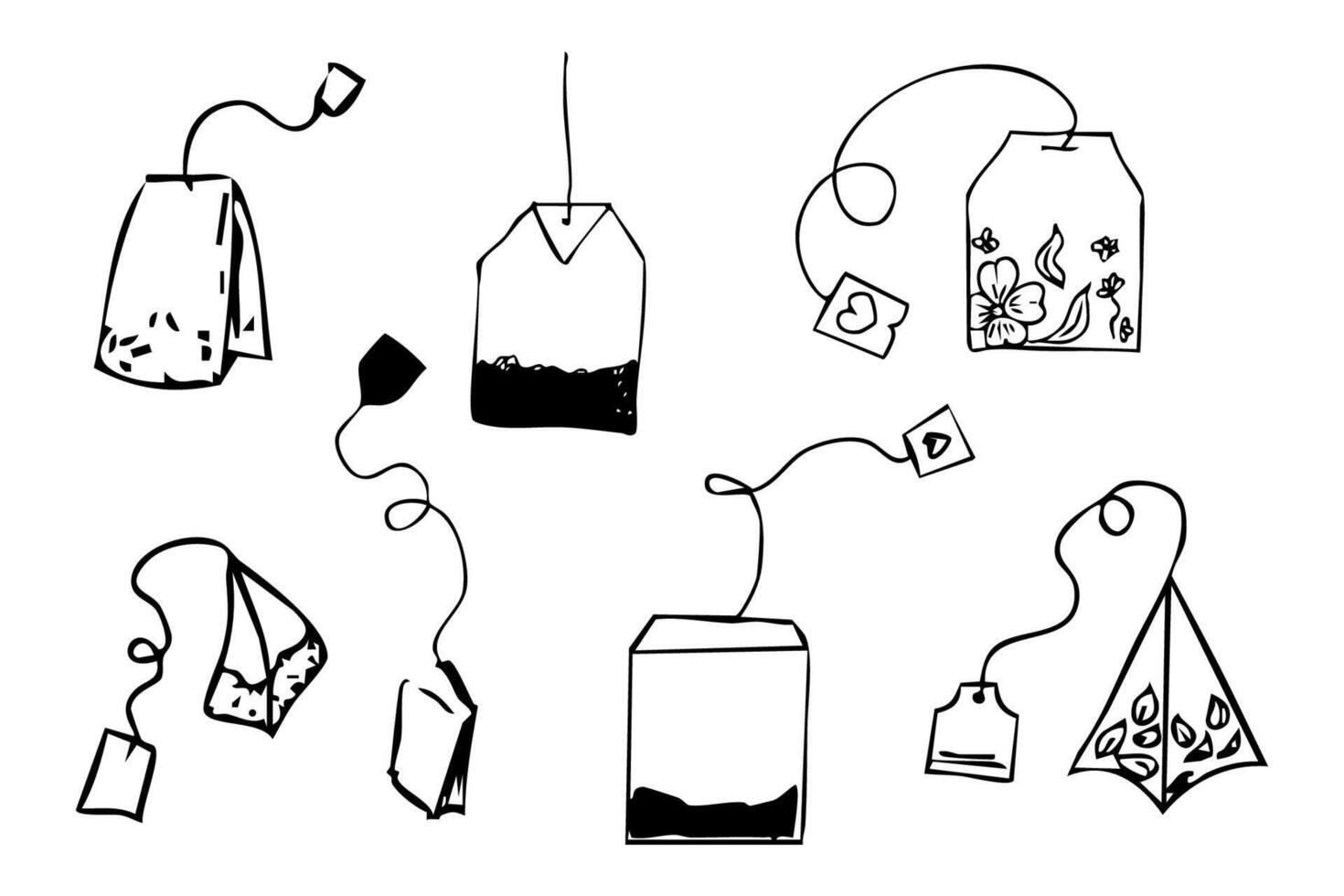 Tea bag set tea infusion paper filter hand drawn doodle drawing. Teabag with label, packaging. Sketch tea time collection. vector