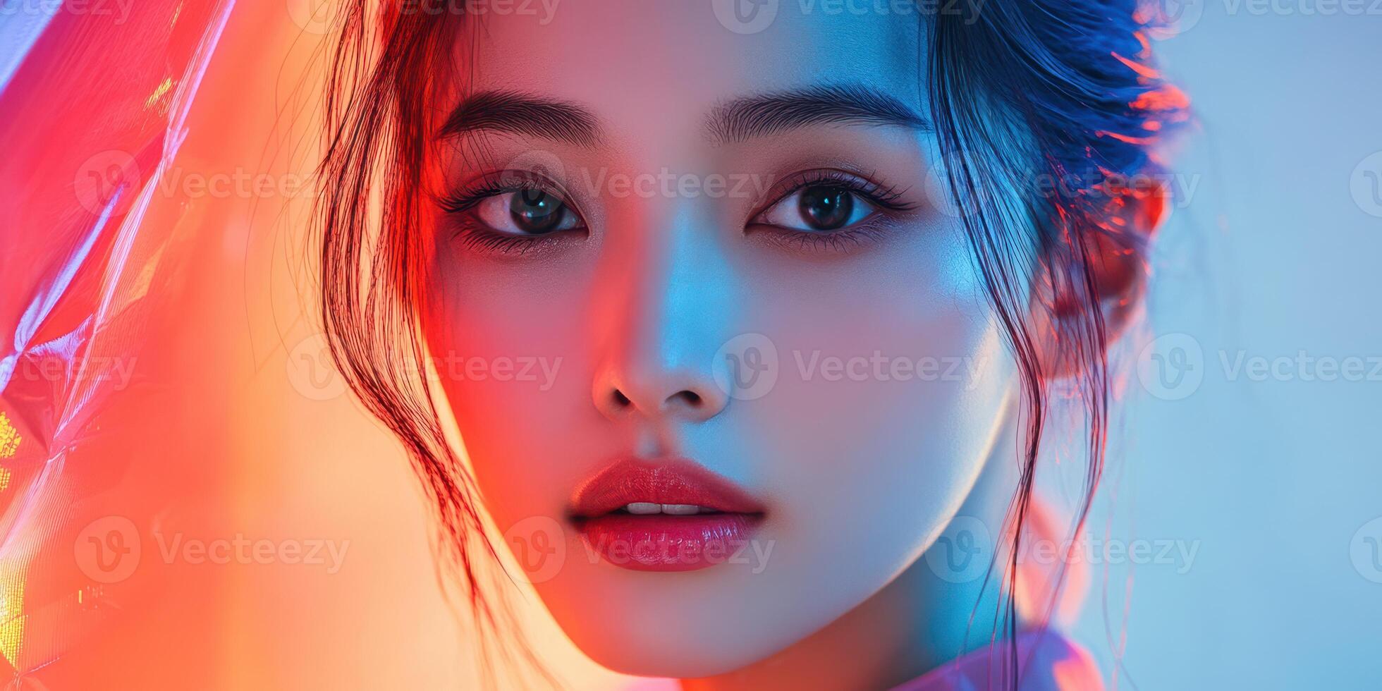 Portrait of a woman with striking features illuminated by colorful lights in a creative studio setting photo