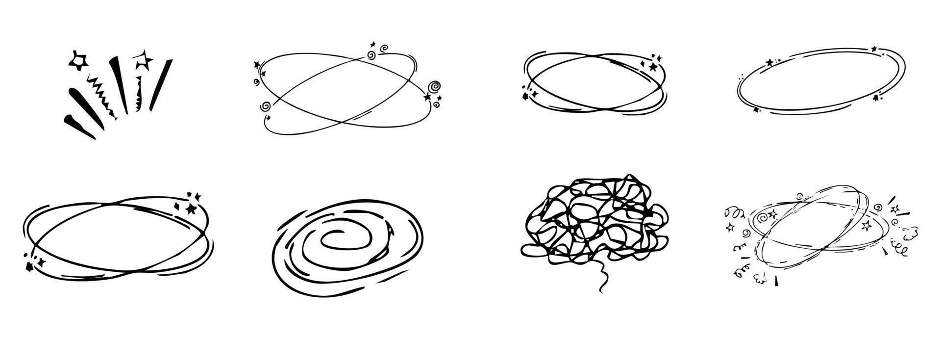 Dizzy effect, headache, sick drawing doodle comic set. dizziness faces, stars overhead anime emotions, crazy hand drawn line collection. vector