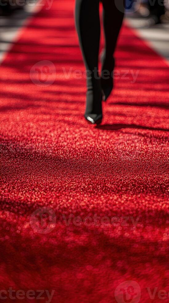 Elegant black heels walk down a vibrant red carpet during a glamorous event in an upscale venue photo