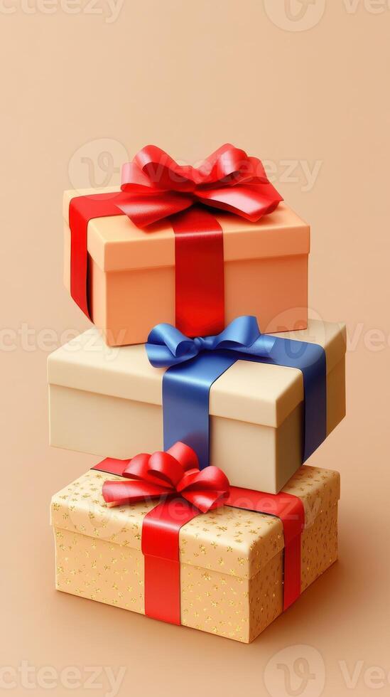 Colorful gift boxes stacked elegantly with ribbons in a light background photo