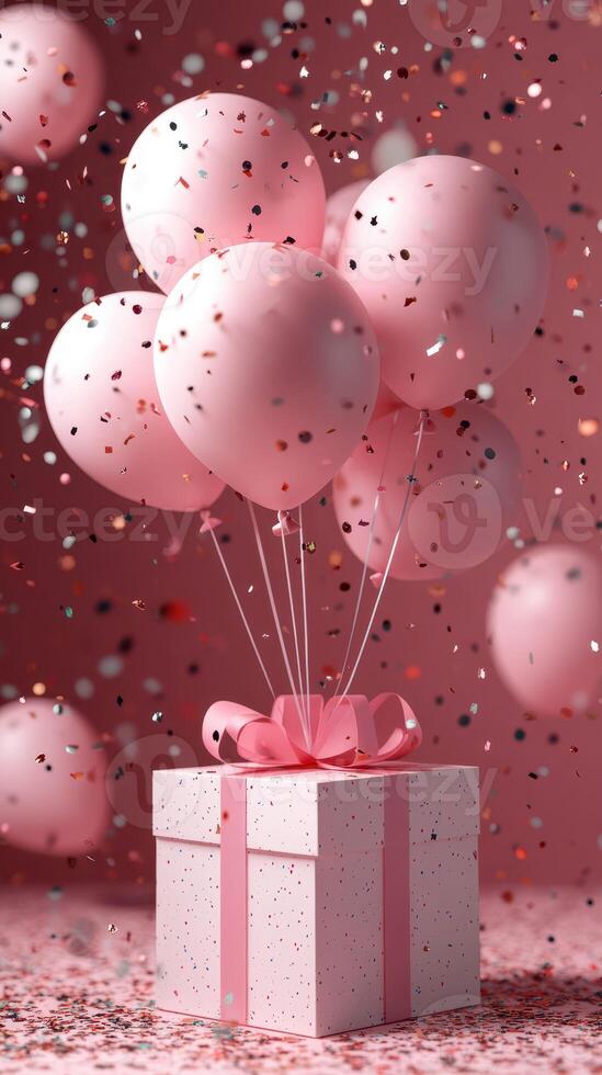 Celebrate with pink balloons and a gift box surrounded by confetti in a festive setting photo