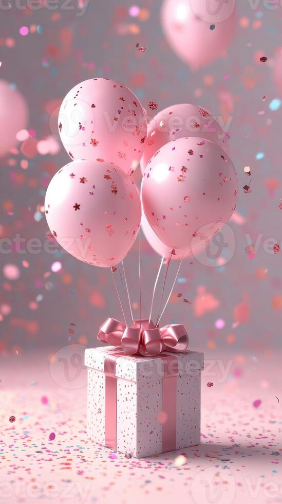 Colorful pink balloons float above a festive gift box with confetti scattered around in a celebratory atmosphere photo