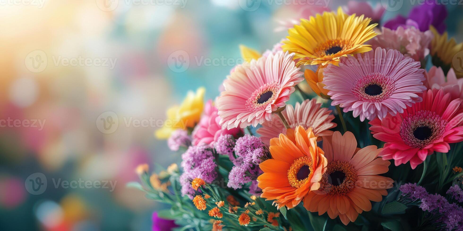 Colorful bouquet featuring various flowers in a soft-focus background celebrating nature's beauty photo