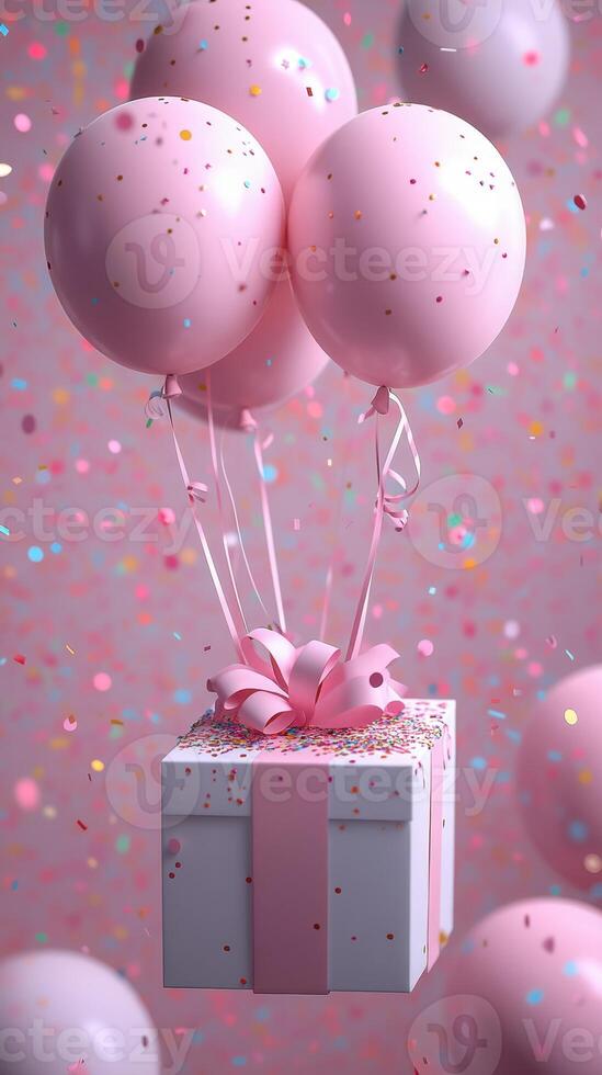 Celebratory gift box with pink balloons floating amidst colorful confetti in a joyful setting photo