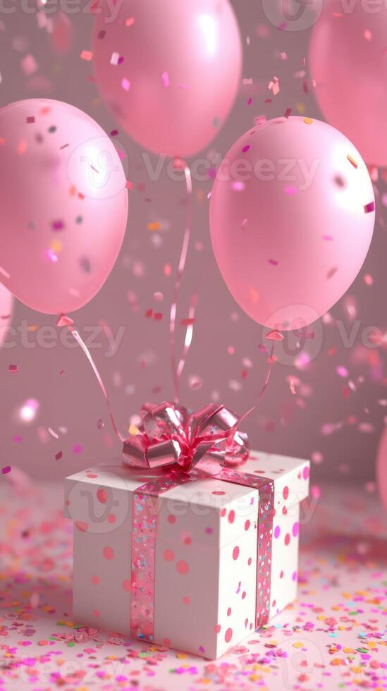 Celebration with pink balloons and a wrapped gift among confetti on a joyful occasion photo