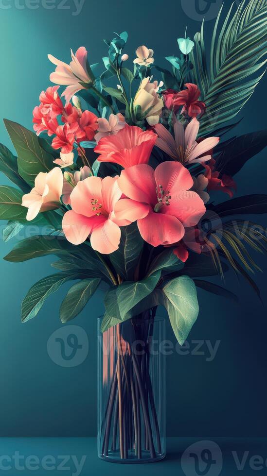 Vibrant bouquet of tropical flowers arranged in a clear vase against a teal background showcasing rich colors and lush greenery photo