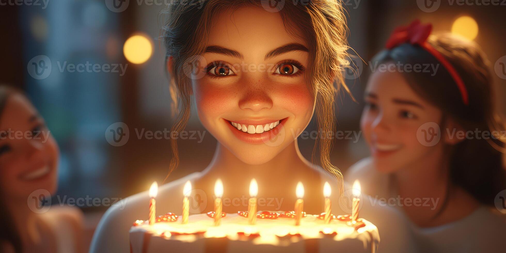 Friends celebrate a birthday with a joyful girl holding a cake adorned with lit candles photo