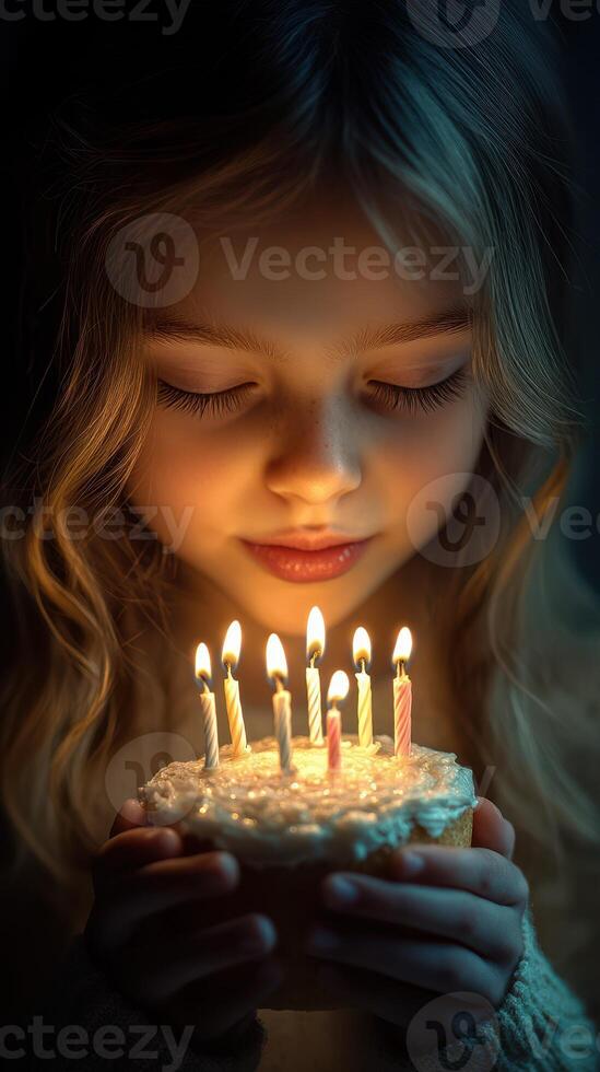 Girl gazes at birthday cake with candles during a nighttime celebration, capturing a moment of joy and wonder photo
