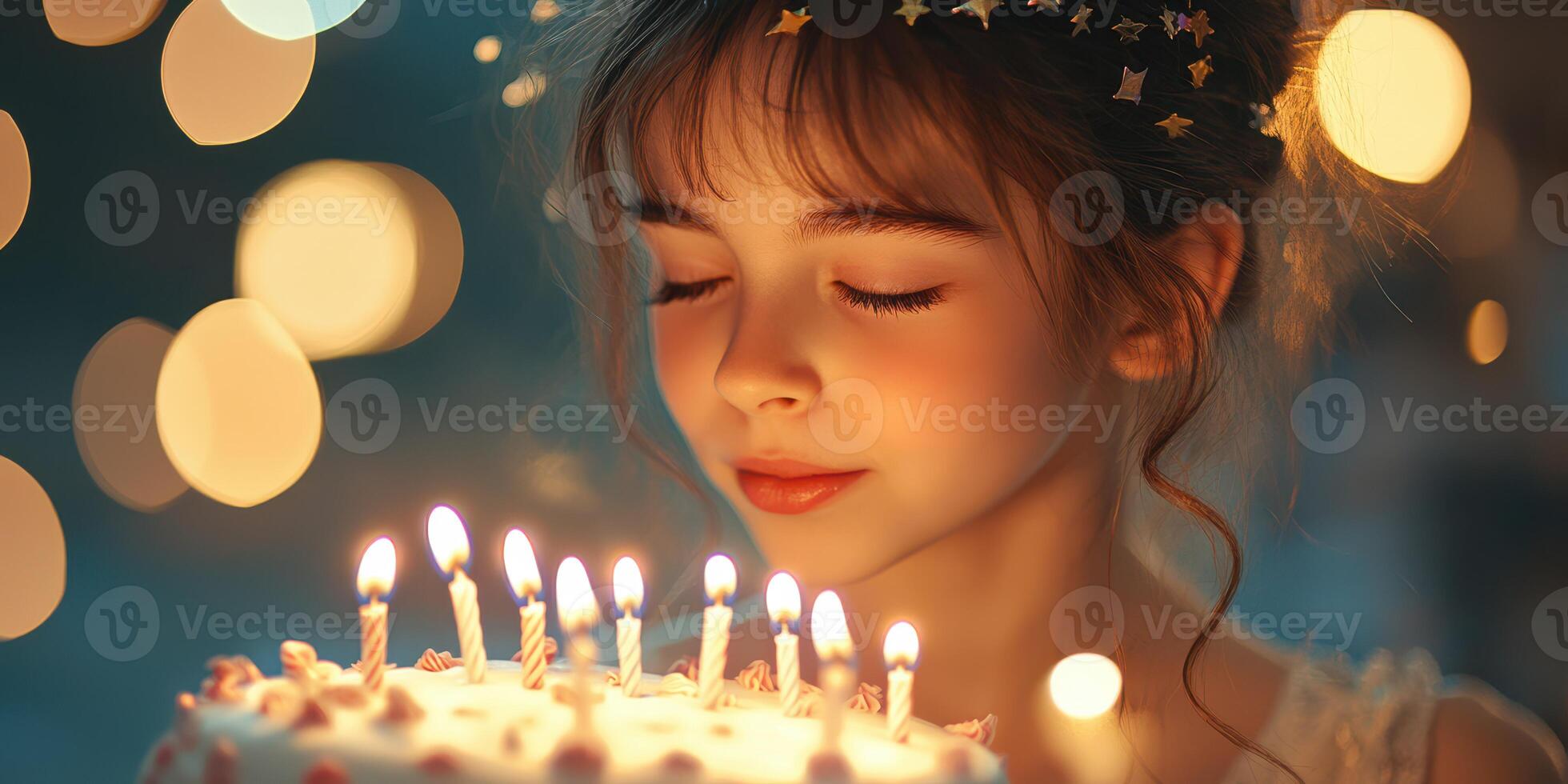 Young girl closes her eyes in joy while making a wish on her birthday cake surrounded by glowing lights and candles photo