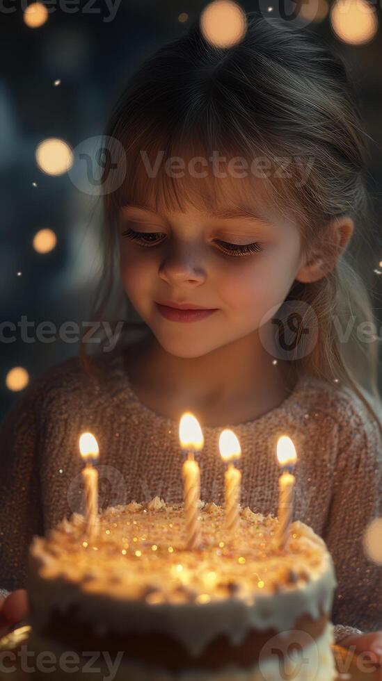 Young girl gazes at her birthday cake with candles glowing softly during a celebration in a cozy atmosphere photo