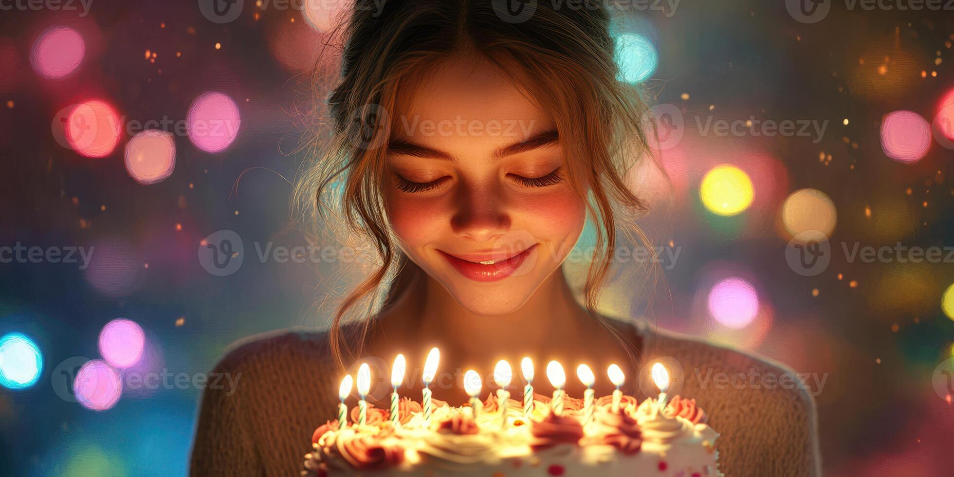 Celebration of a special birthday with a smiling girl and a cake adorned with candles at a festive gathering photo